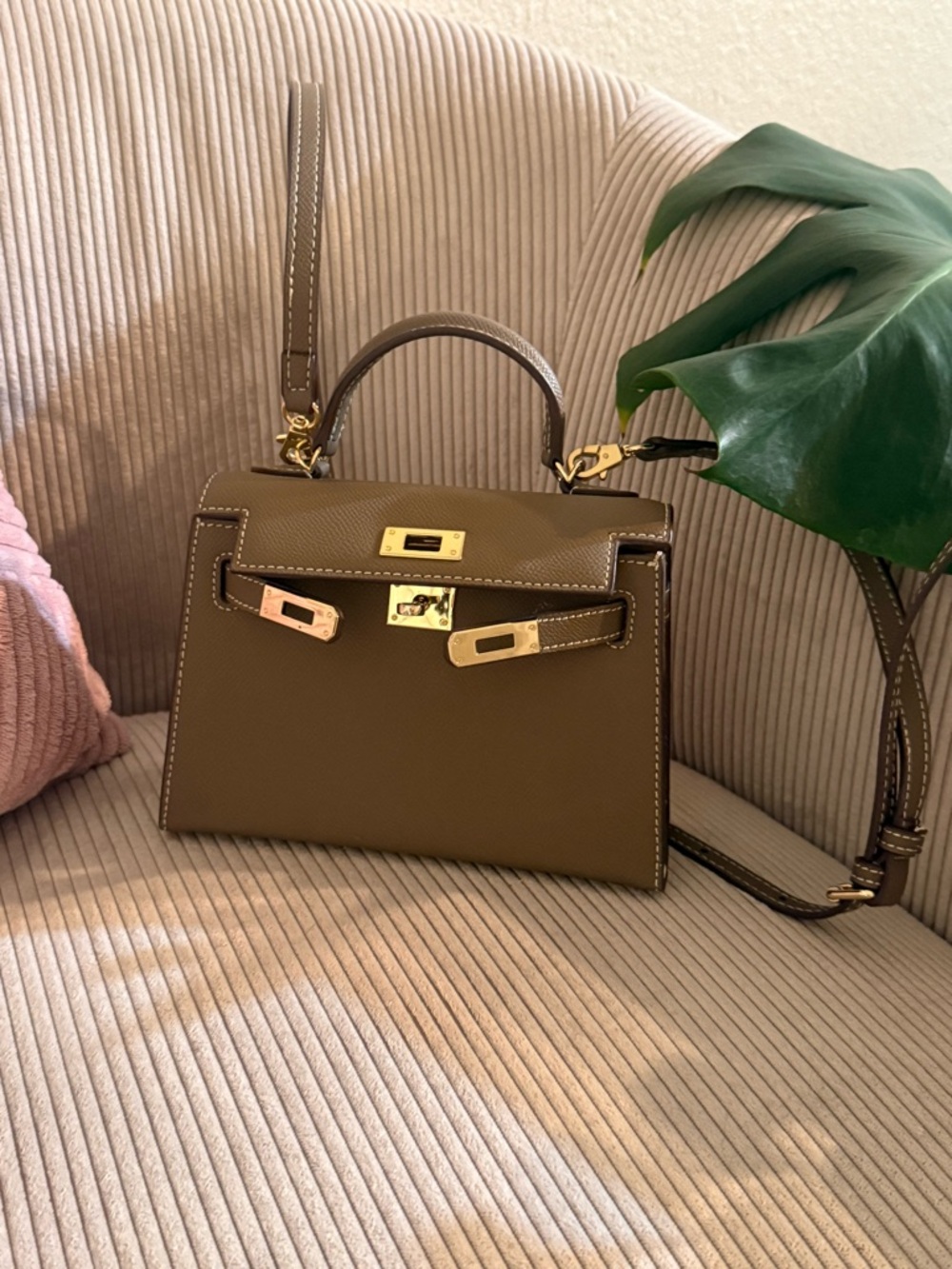 Taupe Leather Mini Top-Handle Bag with Gold-Tone Hardware